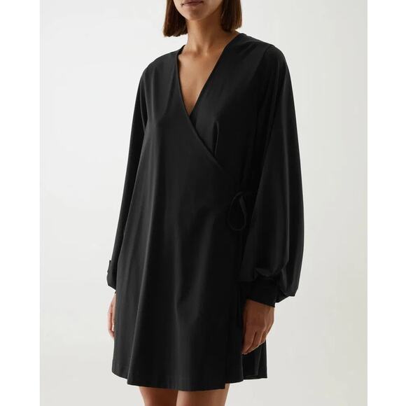 COS NWT Voluminous Long Sleeve Black V-neck Mini Wrap Dress POCKETS - Picture 1 of 16